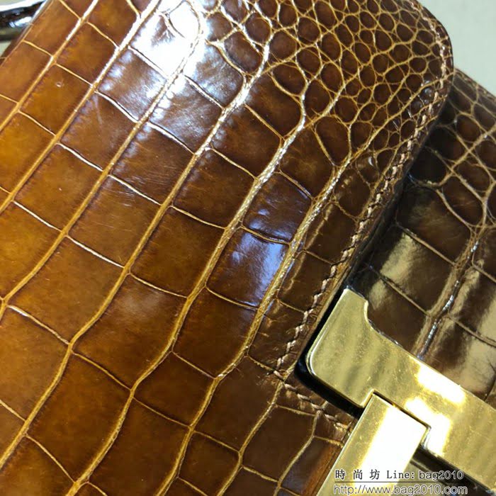 HERMES愛馬仕 康康18cm alligator crocodile 美洲鱷 頂級工藝 蠟線手縫 蜜糖棕 金扣  Ama1517
